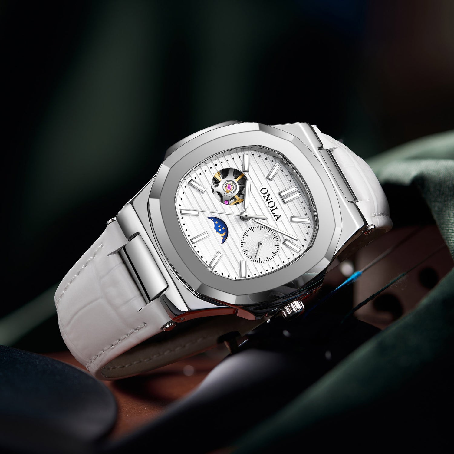 High-Quality Mechanical Watch Sun Moon And Stars Design Waterproof Leather Strap